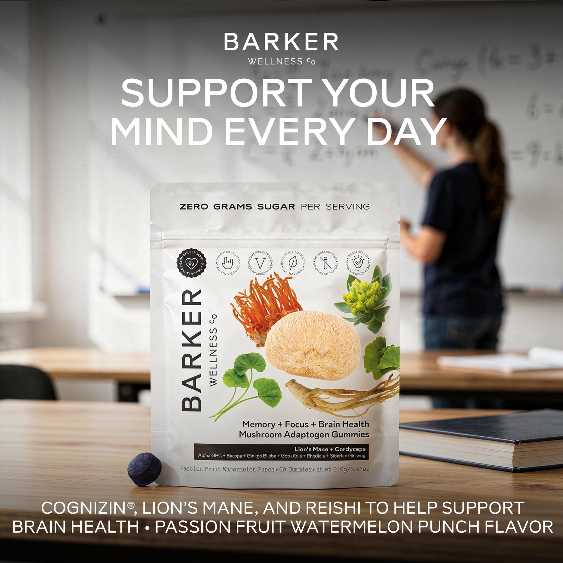 Barker Wellness Mushroom Adaptogen Gummies for Memory & Focus, Brain Health Supplement with Lion's Mane, Cordyceps, Cognizin, Vegan, Sugar-Free Passion Fruit Watermelon Flavor- 60 Count - Maple Wellness Supplements