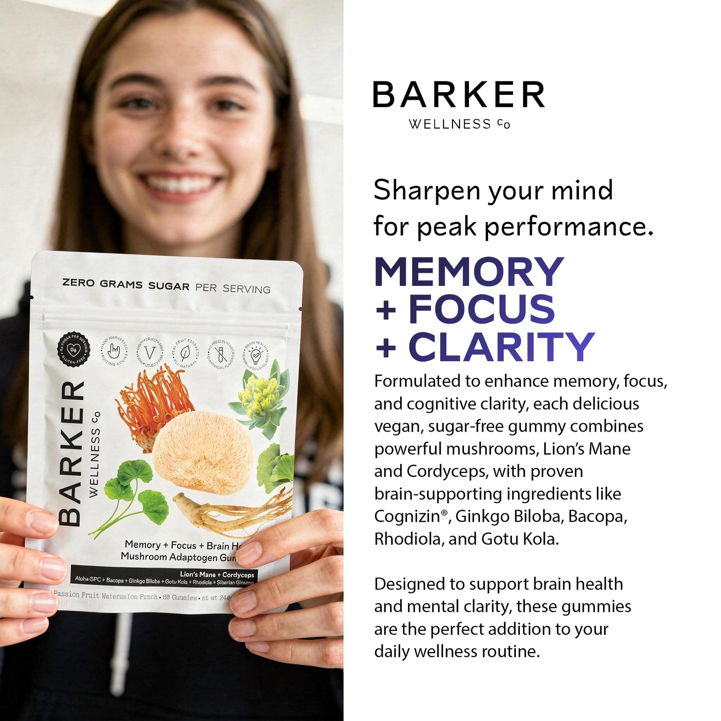 Barker Wellness Mushroom Adaptogen Gummies for Memory & Focus, Brain Health Supplement with Lion's Mane, Cordyceps, Cognizin, Vegan, Sugar-Free Passion Fruit Watermelon Flavor- 60 Count - Maple Wellness Supplements