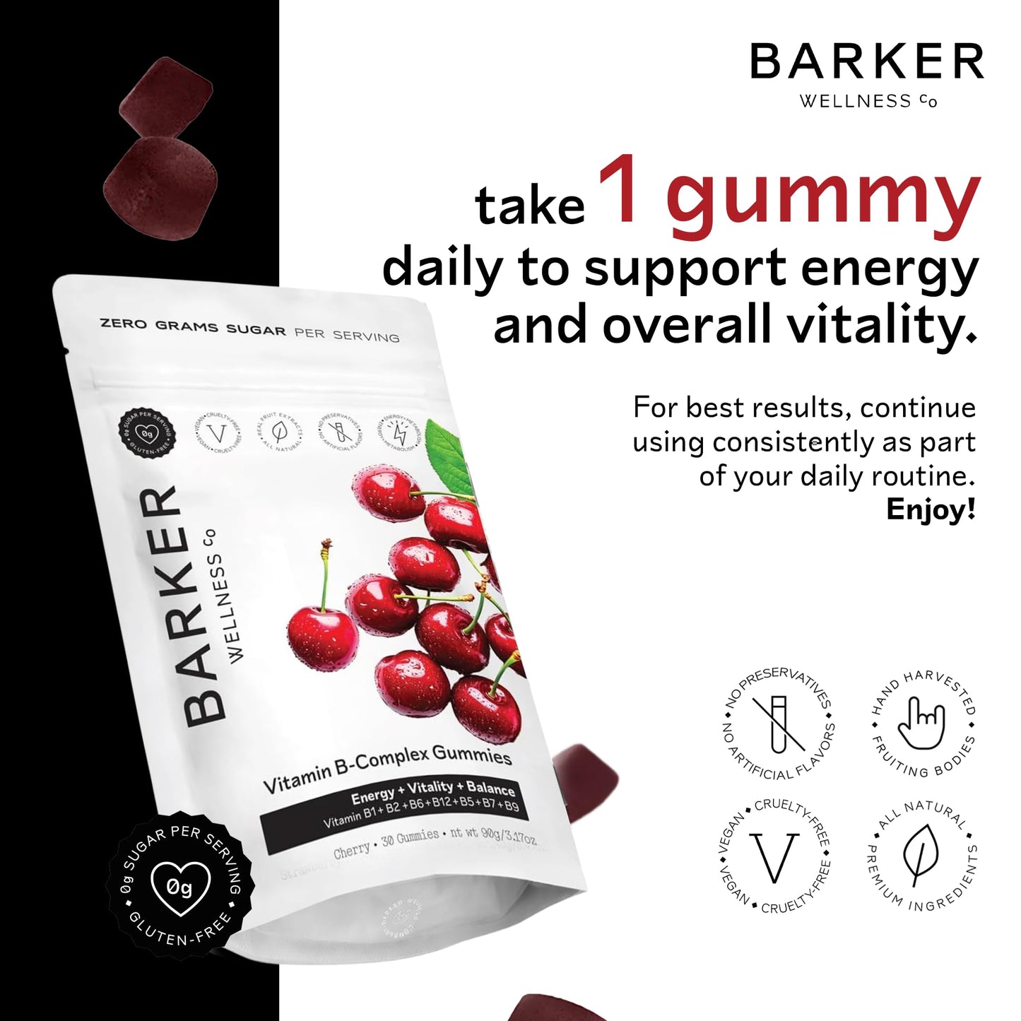 Barker Wellness Vegan B-Complex Gummies – Comprehensive Energy & Metabolism Boost with B1, B5, B6, B7 Biotin, B9 Folate, B12 - Maple Wellness Supplements