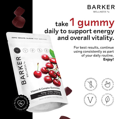 Barker Wellness Vegan B-Complex Gummies – Comprehensive Energy & Metabolism Boost with B1, B5, B6, B7 Biotin, B9 Folate, B12 - Maple Wellness Supplements