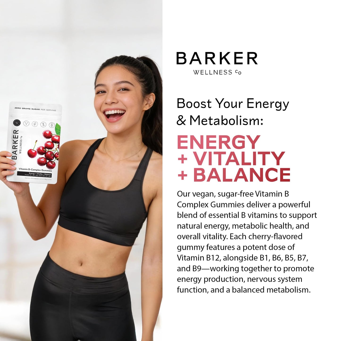 Barker Wellness Vegan B-Complex Gummies – Comprehensive Energy & Metabolism Boost with B1, B5, B6, B7 Biotin, B9 Folate, B12 - Maple Wellness Supplements