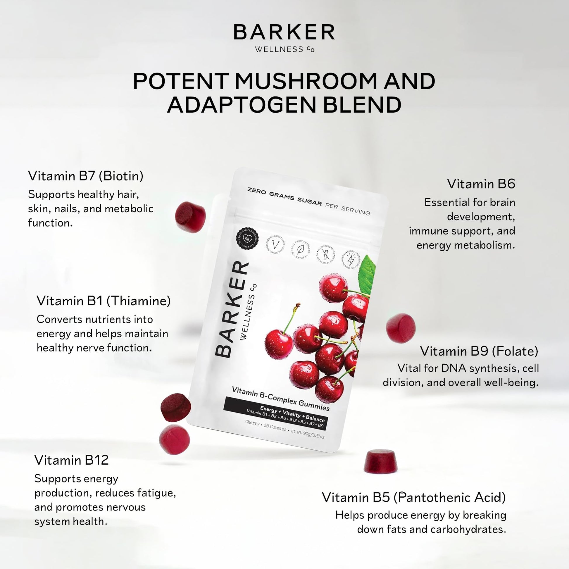 Barker Wellness Vegan B-Complex Gummies – Comprehensive Energy & Metabolism Boost with B1, B5, B6, B7 Biotin, B9 Folate, B12 - Maple Wellness Supplements