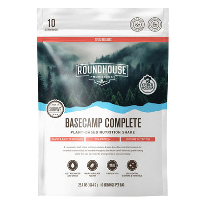 Basecamp Complete Nutrition Shake by Chuck Norris Roundhouse Provisions – Plant-Based Emergency Meal with 18g Protein & 28 Essential Nutrients – Rich Chocolate Flavor – 10 Servings, 3-Year Shelf Life - Maple Wellness Supplements