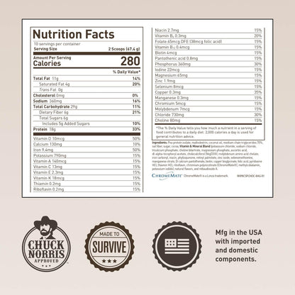 Basecamp Complete Nutrition Shake by Chuck Norris Roundhouse Provisions – Plant-Based Emergency Meal with 18g Protein & 28 Essential Nutrients – Rich Chocolate Flavor – 10 Servings, 3-Year Shelf Life - Maple Wellness Supplements