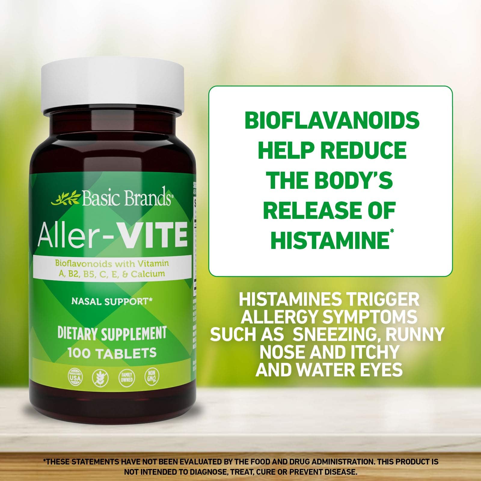 Basic Brands Aller Vite Nasal Support Tablets for Seasonal Allergy Relief, High Bioflavonoid Complex with Vitamins and Calcium, Gluten Free Daily Supplement, 100 Tablets - Maple Wellness Supplements