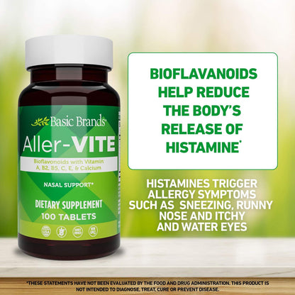 Basic Brands Aller Vite Nasal Support Tablets for Seasonal Allergy Relief, High Bioflavonoid Complex with Vitamins and Calcium, Gluten Free Daily Supplement, 100 Tablets - Maple Wellness Supplements