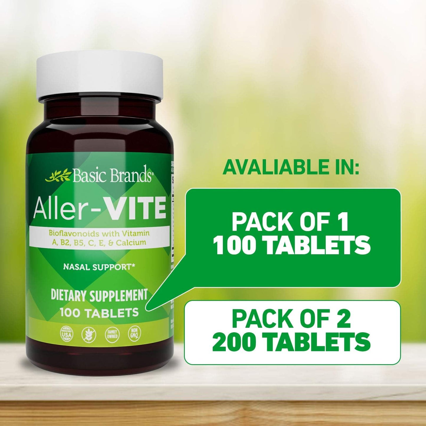Basic Brands Aller Vite Nasal Support Tablets for Seasonal Allergy Relief, High Bioflavonoid Complex with Vitamins and Calcium, Gluten Free Daily Supplement, 100 Tablets - Maple Wellness Supplements