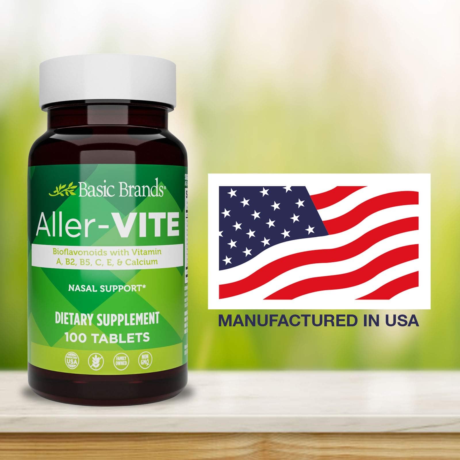 Basic Brands Aller Vite Nasal Support Tablets for Seasonal Allergy Relief, High Bioflavonoid Complex with Vitamins and Calcium, Gluten Free Daily Supplement, 100 Tablets - Maple Wellness Supplements