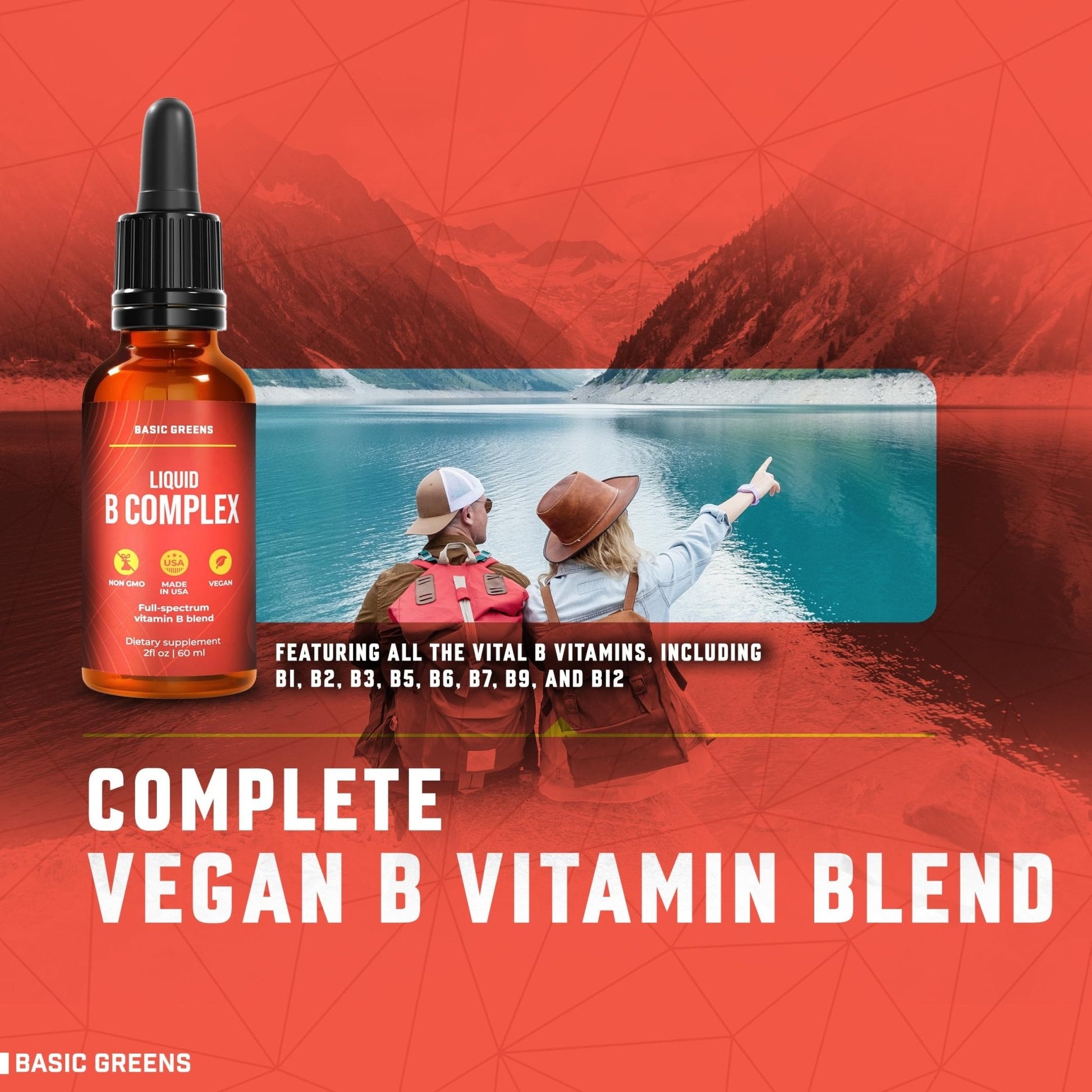 BASIC GREENS Vitamin B Complex Liquid Drops - Strength Sublingual Formula, Maximizes Absorption & Boosts Energy - B1, B2, B3, B5, B6, B7, B9, B12 - Natural Vegan Supplement - Maple Wellness Supplements