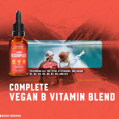 BASIC GREENS Vitamin B Complex Liquid Drops - Strength Sublingual Formula, Maximizes Absorption & Boosts Energy - B1, B2, B3, B5, B6, B7, B9, B12 - Natural Vegan Supplement - Maple Wellness Supplements