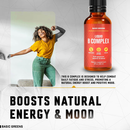 BASIC GREENS Vitamin B Complex Liquid Drops - Strength Sublingual Formula, Maximizes Absorption & Boosts Energy - B1, B2, B3, B5, B6, B7, B9, B12 - Natural Vegan Supplement - Maple Wellness Supplements
