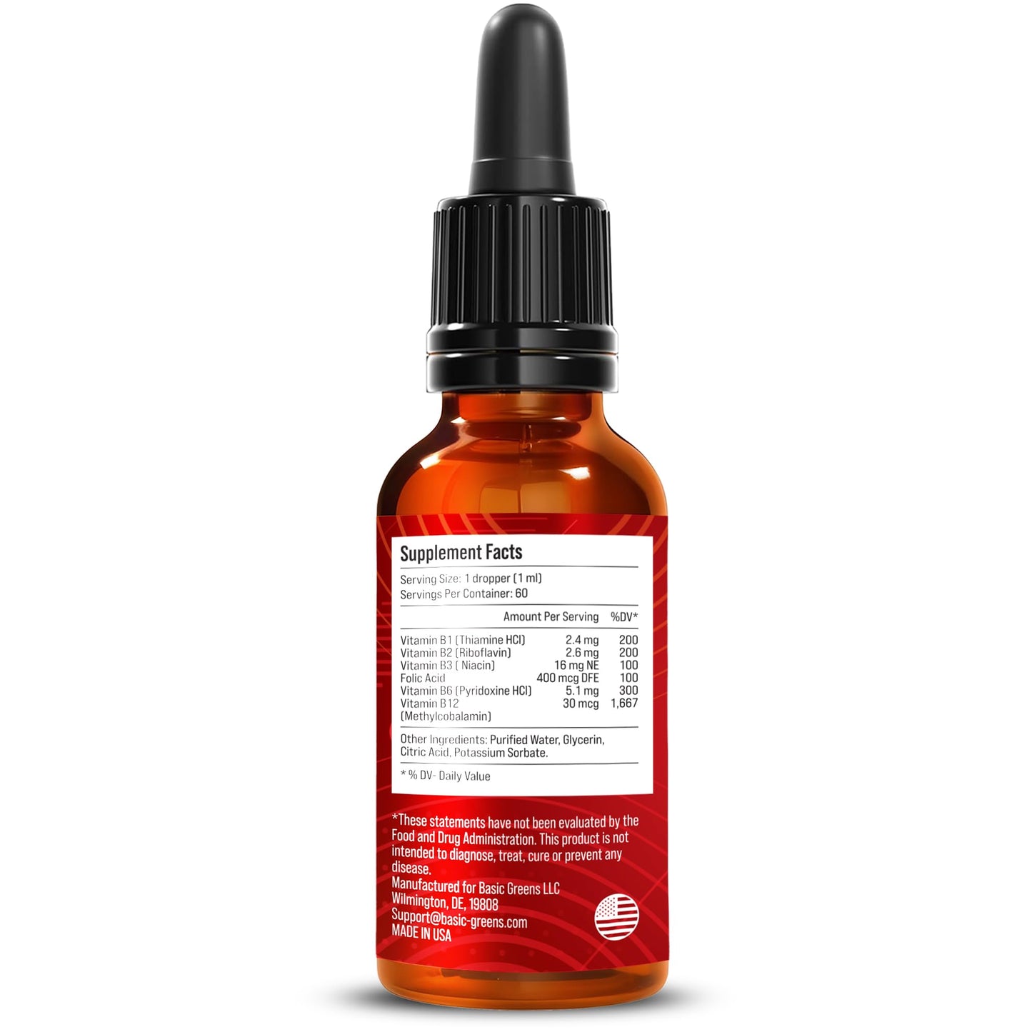 BASIC GREENS Vitamin B Complex Liquid Drops - Strength Sublingual Formula, Maximizes Absorption & Boosts Energy - B1, B2, B3, B5, B6, B7, B9, B12 - Natural Vegan Supplement - Maple Wellness Supplements