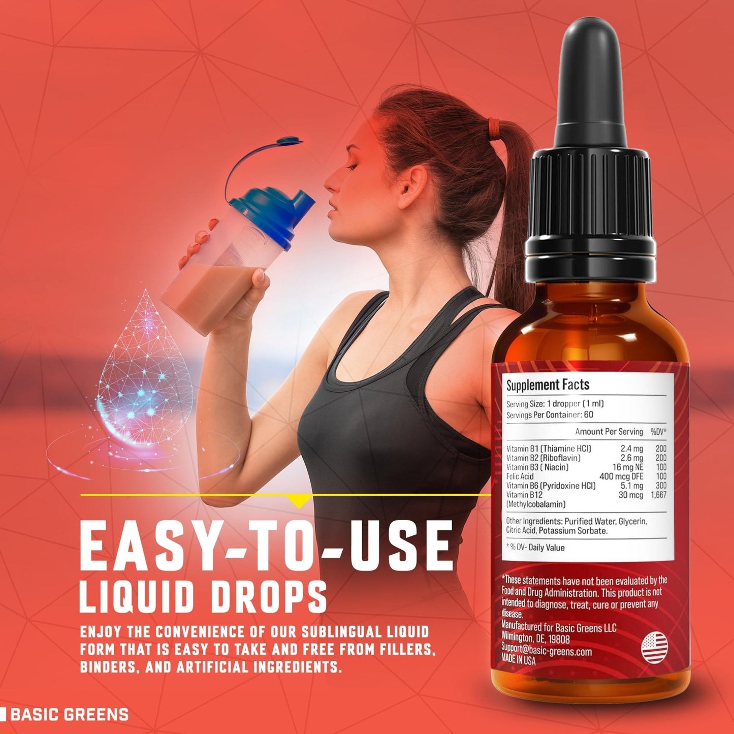 BASIC GREENS Vitamin B Complex Liquid Drops - Strength Sublingual Formula, Maximizes Absorption & Boosts Energy - B1, B2, B3, B5, B6, B7, B9, B12 - Natural Vegan Supplement - Maple Wellness Supplements