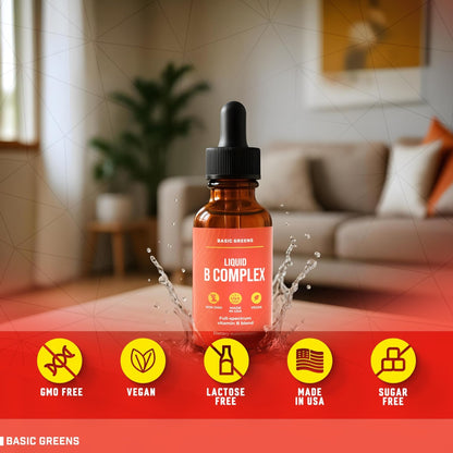 BASIC GREENS Vitamin B Complex Liquid Drops - Strength Sublingual Formula, Maximizes Absorption & Boosts Energy - B1, B2, B3, B5, B6, B7, B9, B12 - Natural Vegan Supplement - Maple Wellness Supplements