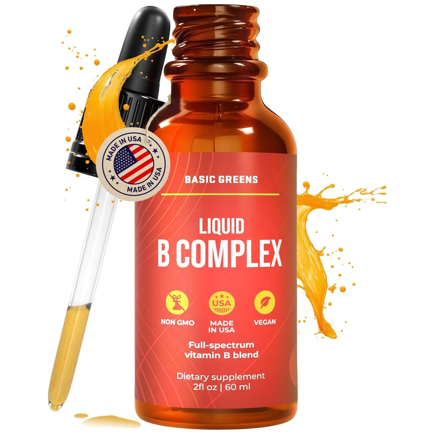 BASIC GREENS Vitamin B Complex Liquid Drops - Strength Sublingual Formula, Maximizes Absorption & Boosts Energy - B1, B2, B3, B5, B6, B7, B9, B12 - Natural Vegan Supplement - Maple Wellness Supplements