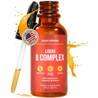 BASIC GREENS Vitamin B Complex Liquid Drops - Strength Sublingual Formula, Maximizes Absorption & Boosts Energy - B1, B2, B3, B5, B6, B7, B9, B12 - Natural Vegan Supplement - Maple Wellness Supplements
