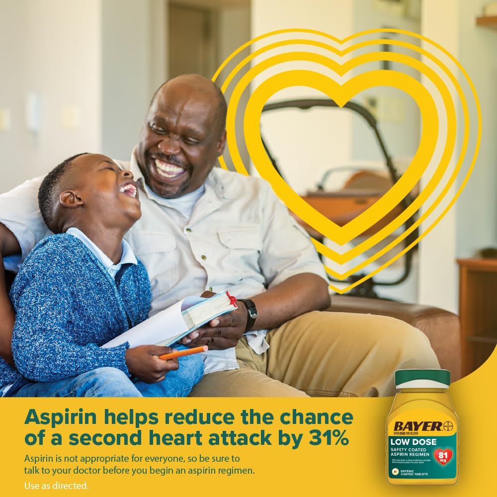 Bayer Aspirin Low Dose 81 mg, Enteric Coated Tablets, Doctor Recommended, Secondary Prevention of Cardiovascular Disease, 300 Safety Coated Tablets (Packaging may vary) - Maple Wellness Supplements
