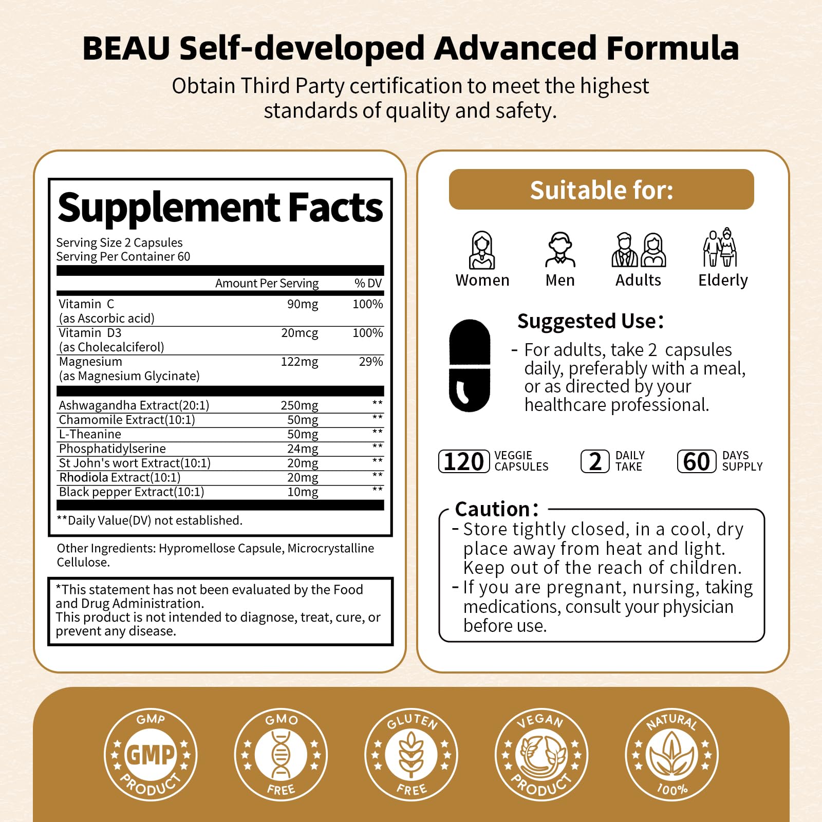 BBEEAAUU Cortisol Supplements for Women & Men - 10-in-1 Cortisol Reducer Manager Detox with Ashwagandha, Magnesium - Lower High Cortisol Levels, Relaxation & Night Support, Non-GMO, 120 Capsules - Maple Wellness Supplements