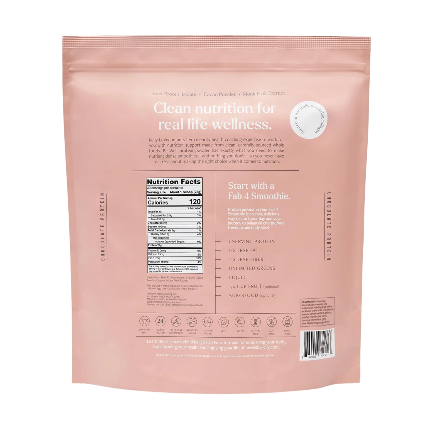 Be Well by Kelly Chocolate Grass-Fed Beef Protein Powder, 24G of Protein & 1G Net Carbs (3 Ingredients, 30 Servings) 9 Amino Acids + 3 BCAAs No Soy, No Dairy, Stevia-Free, No Sugar Added 1.87lb 849g - Maple Wellness Supplements