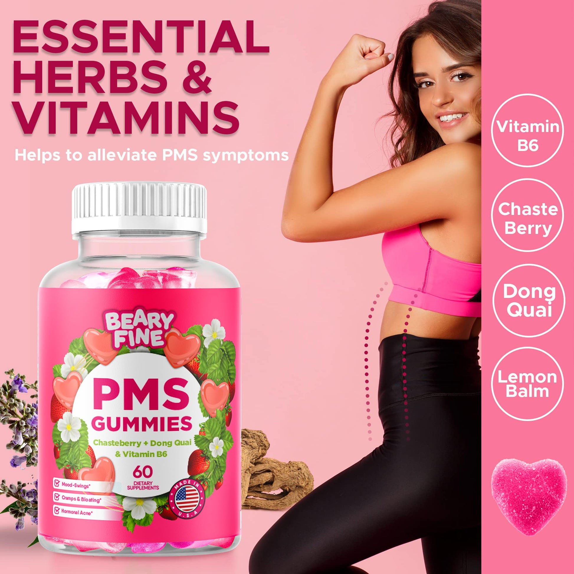 Beary Fine PMS Gummies - PMS Vitamins for Women & Teens - PMS Period Relief - Cramping, Bloating, Mood Swings - Made in The USA (Strawberry, 60 Count) - Maple Wellness Supplements