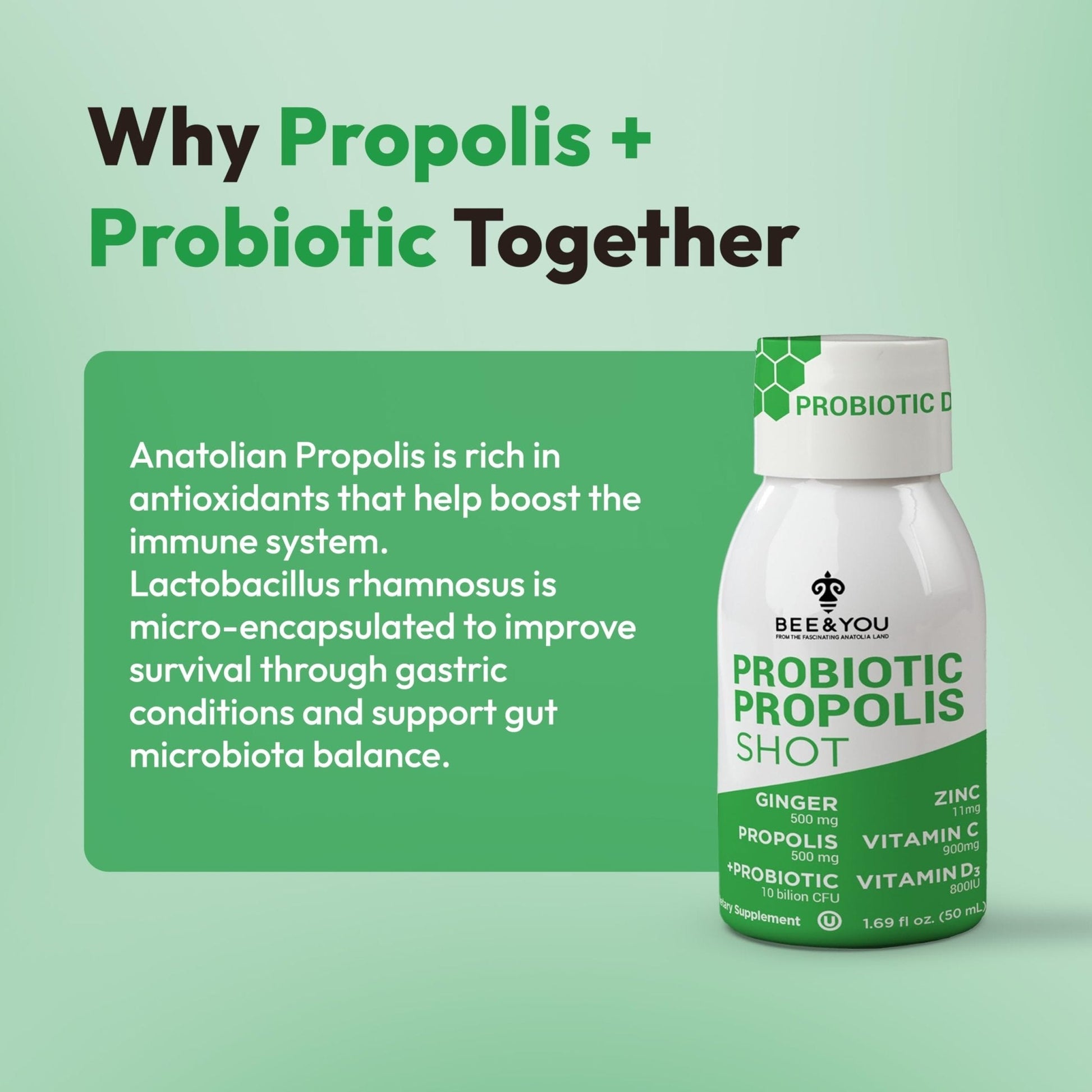 Bee and You Propolis Immune Shot, Probiotic, Vitamin C, Vitamin D3, Zinc, Ginger, Immune Support, Gut Health, Digestive Health, Bioactive 1.69 Fl. oz, 12 Pack - Maple Wellness Supplements