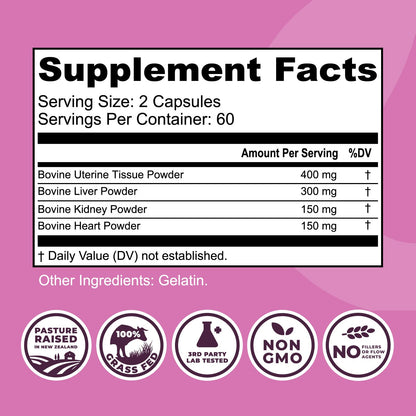 Beef Organ Supplement for Women - Beef Liver, Kidney, Heart and Uterus Tissue, Supports Women's Overall Energy and Health - Pasture Raised in New Zealand - Maple Wellness Supplements