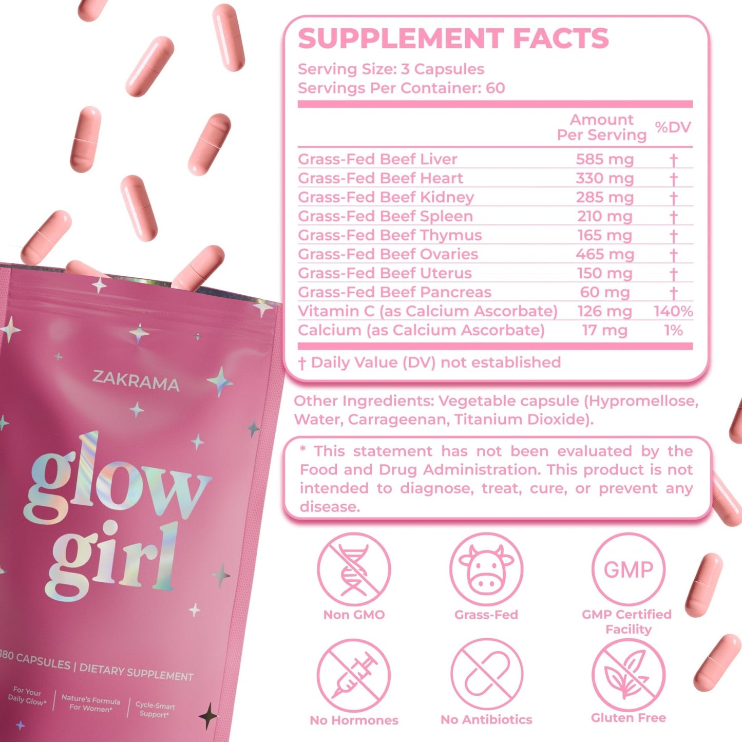 Beef Organ Supplement for Women – Grass-Fed Beef Liver, Ovary, Uterus & Organ Complex for Hormone Balance, Energy & PMS Support – Pasture-Raised + Vitamin C – 180 Capsules | Glow Girl | Zakrama - Maple Wellness Supplements