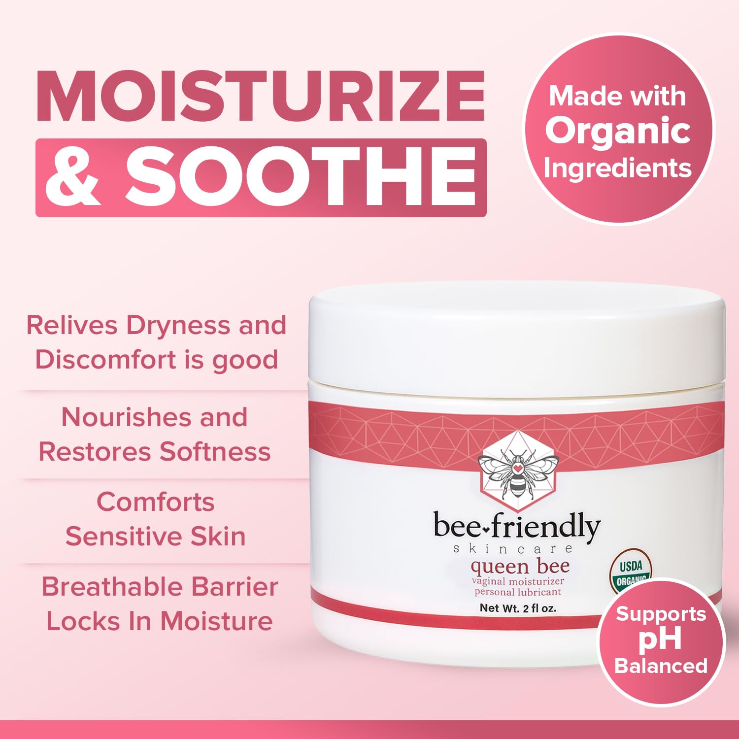 BeeFriendly Organic Vaginal Moisturizer, USDA Certified, Natural Vulva Cream For Dryness, Itching, Irritation, Redness, Chafing Of Vagina Due To Menopause & Thinning 2 oz - Maple Wellness Supplements