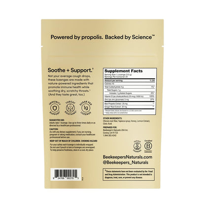 Beekeeper's Naturals Soothing Honey Ginger Lemon Cough Drops - Immune Support with Vitamin D, Zinc and Propolis Throat Soothing Lozenges, 24 Ct - Maple Wellness Supplements
