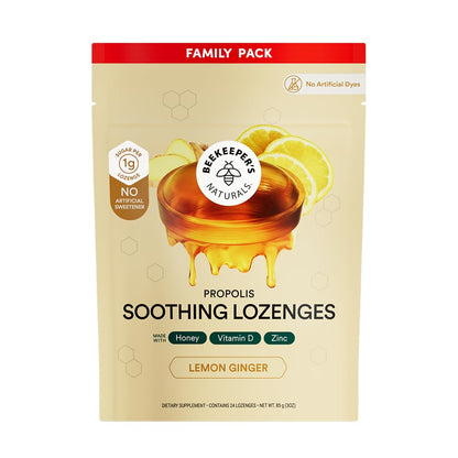 Beekeeper's Naturals Soothing Honey Ginger Lemon Cough Drops - Immune Support with Vitamin D, Zinc and Propolis Throat Soothing Lozenges, 24 Ct - Maple Wellness Supplements
