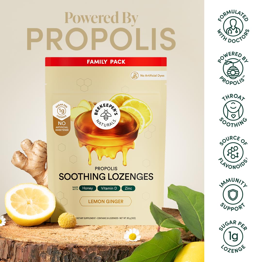 Beekeeper's Naturals Soothing Honey Ginger Lemon Cough Drops - Immune Support with Vitamin D, Zinc and Propolis Throat Soothing Lozenges, 24 Ct - Maple Wellness Supplements