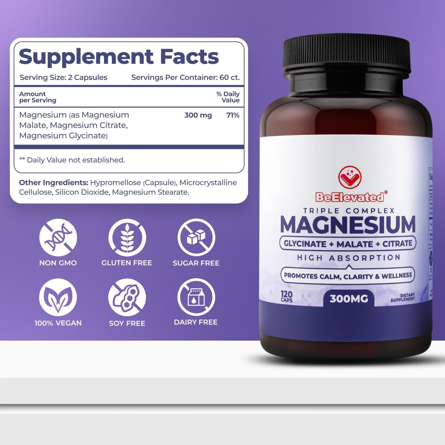 BeElevated High Absorption Triple Magnesium Complex for Sleep, Relaxation & Muscle Support – 300mg of Magnesium Glycinate, Citrate & Malate - Maple Wellness Supplements