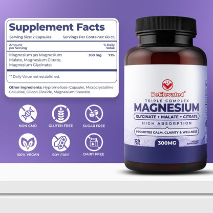 BeElevated High Absorption Triple Magnesium Complex for Sleep, Relaxation & Muscle Support – 300mg of Magnesium Glycinate, Citrate & Malate - Maple Wellness Supplements