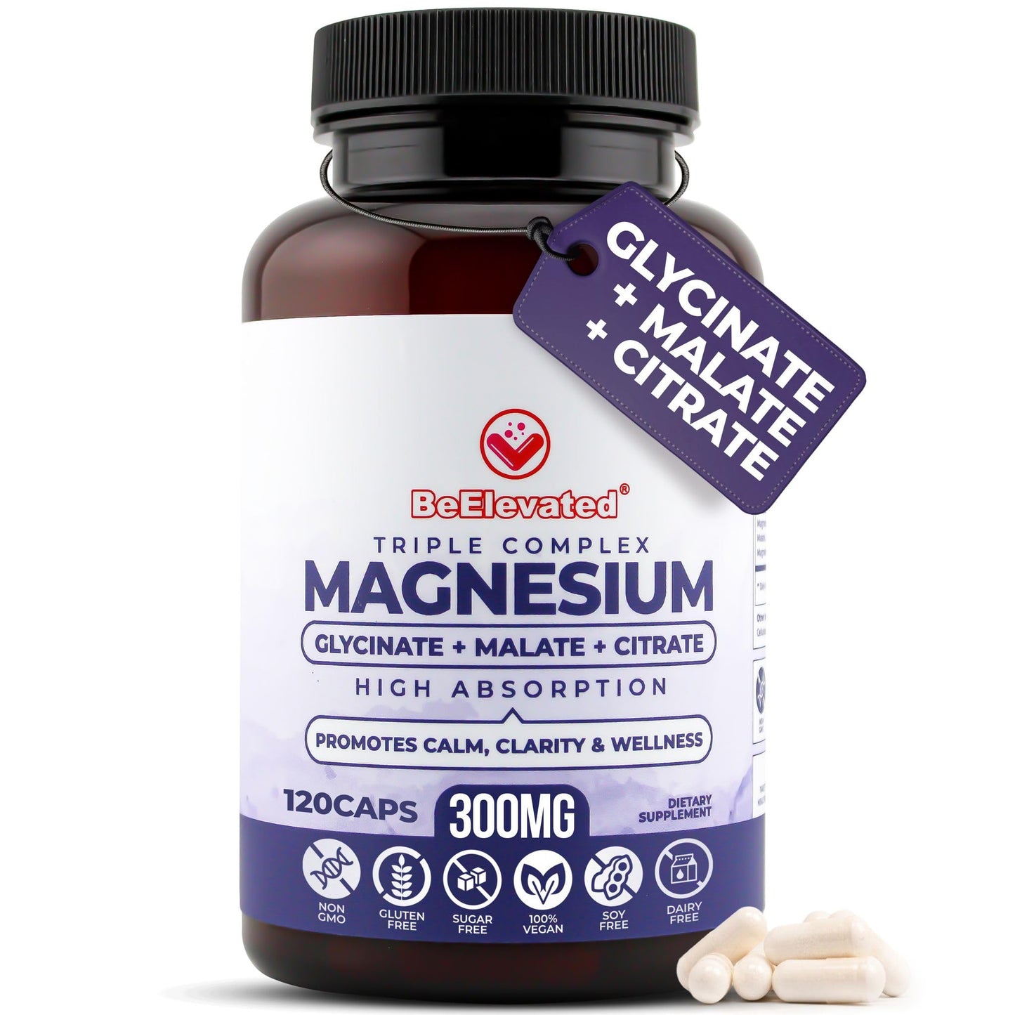 BeElevated High Absorption Triple Magnesium Complex for Sleep, Relaxation & Muscle Support – 300mg of Magnesium Glycinate, Citrate & Malate - Maple Wellness Supplements