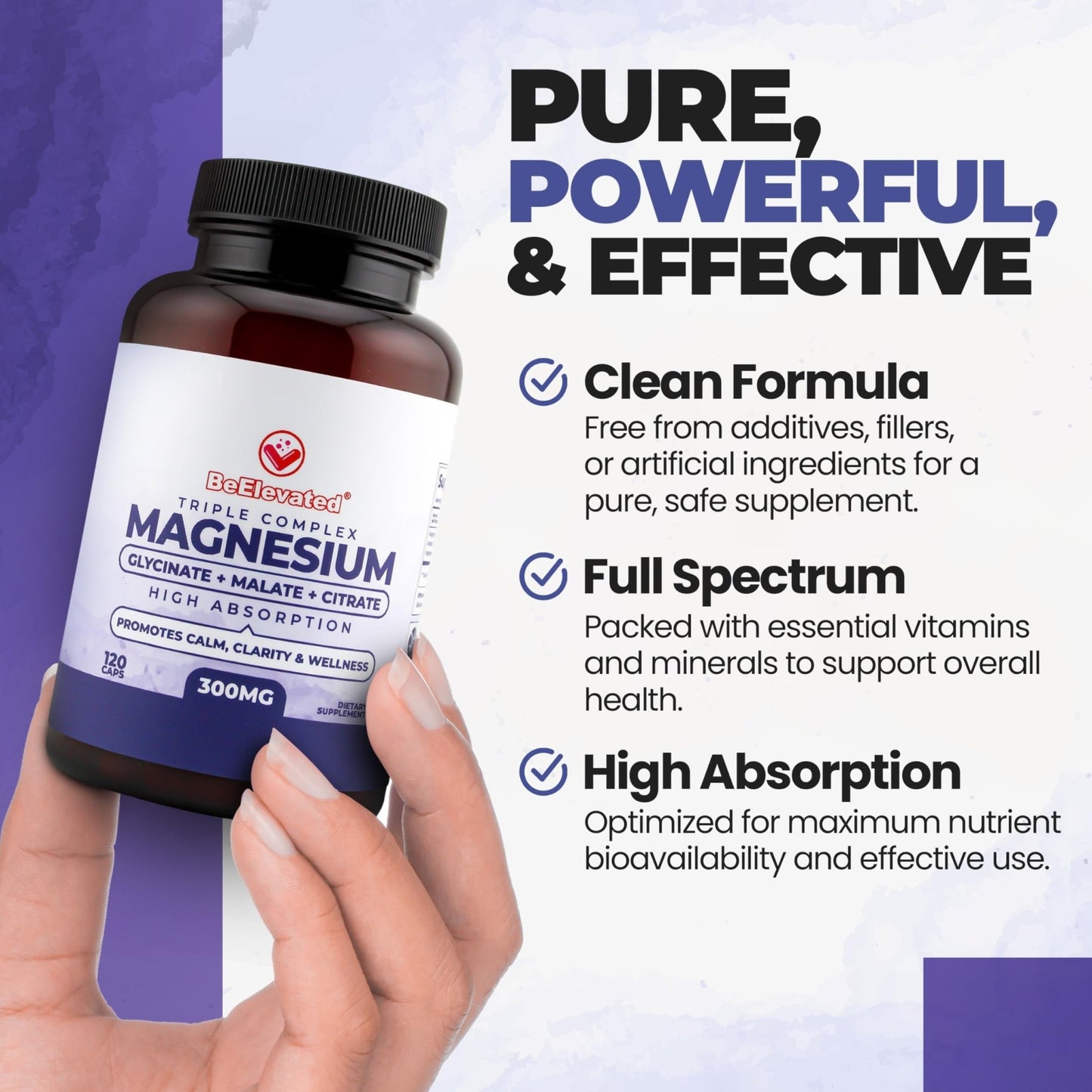 BeElevated High Absorption Triple Magnesium Complex for Sleep, Relaxation & Muscle Support – 300mg of Magnesium Glycinate, Citrate & Malate - Maple Wellness Supplements