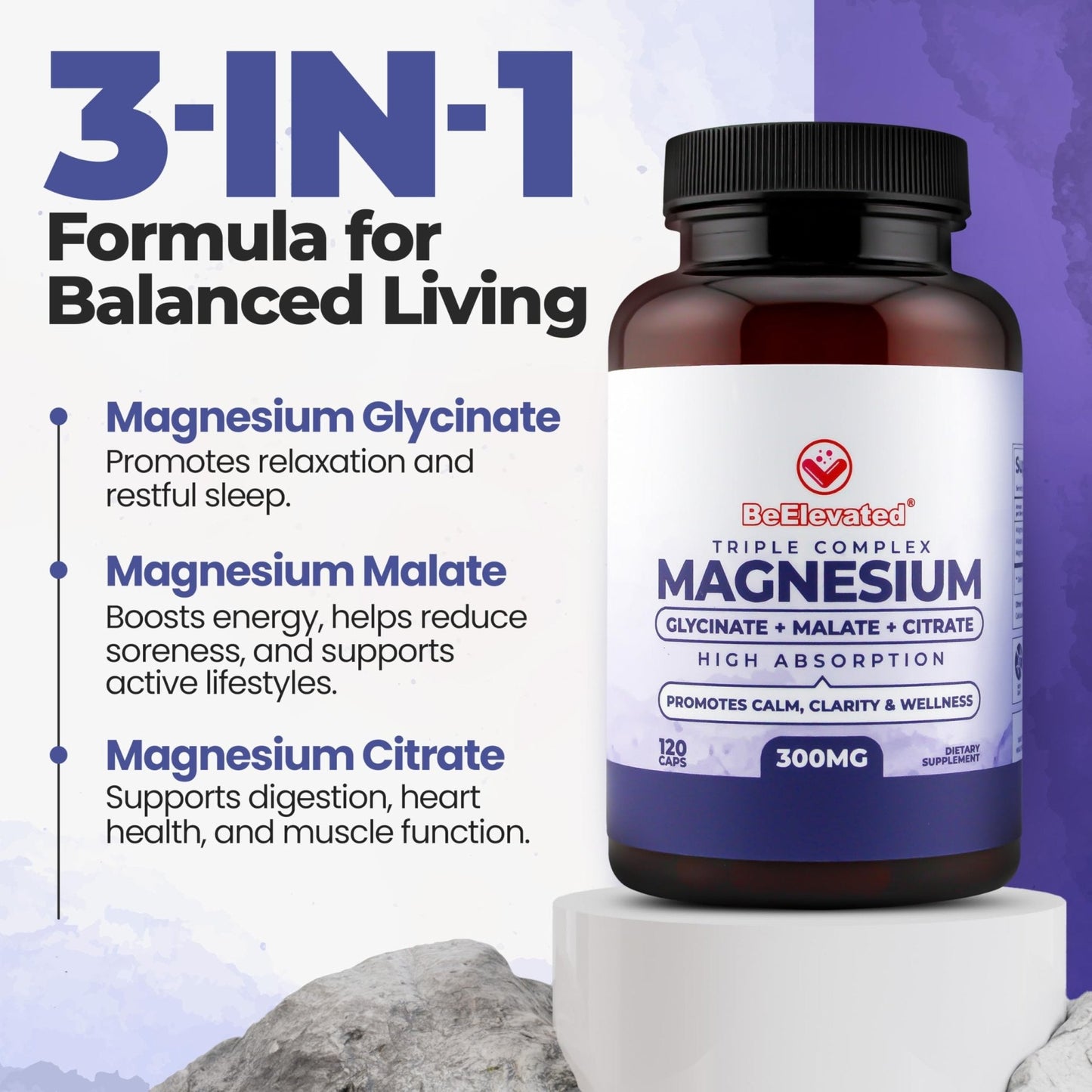 BeElevated High Absorption Triple Magnesium Complex for Sleep, Relaxation & Muscle Support – 300mg of Magnesium Glycinate, Citrate & Malate - Maple Wellness Supplements