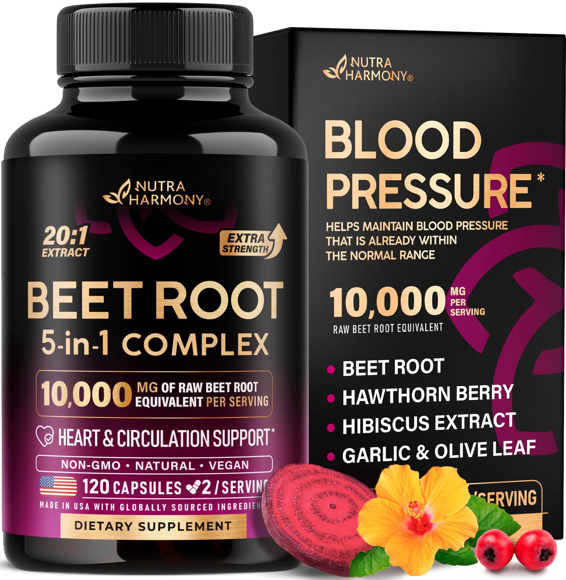 Beet Root 5-in-1 Complex Capsules - Healthy Blood Pressure Support Supplement for Heart & Circulation Support - Olive Leaf, Hawthorn Berry & Hibiscus - Maple Wellness Supplements