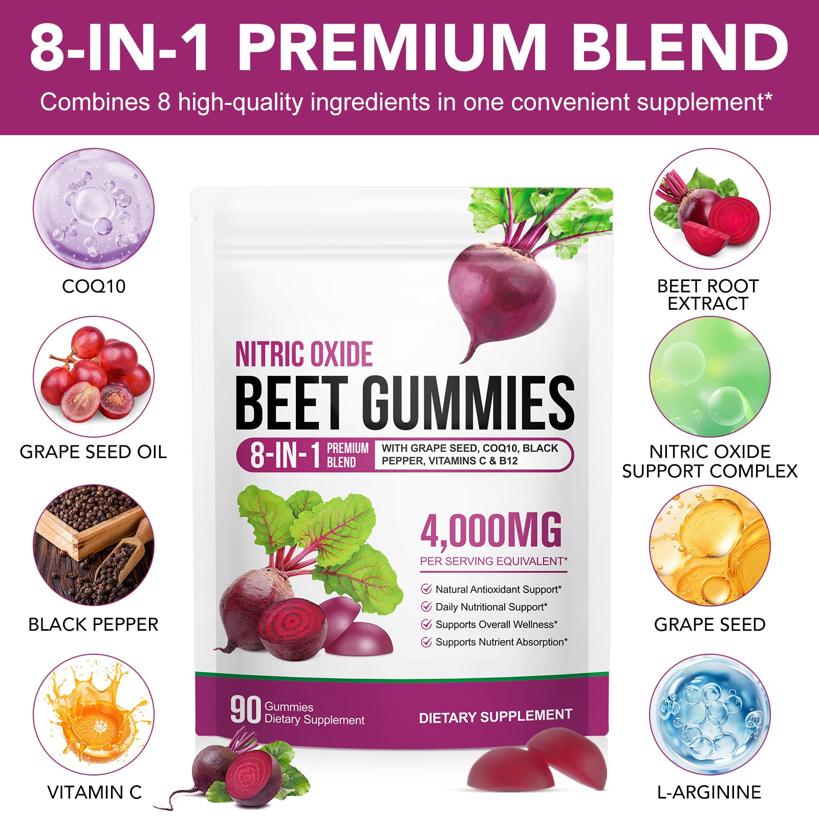 Beet Root Gummies Enriched with 200mg CoQ10 & Beet Root Extract for Blood Pressure, Heart Health Support, Energy Level Suport, Promoting Nitric Oxide - Maple Wellness Supplements
