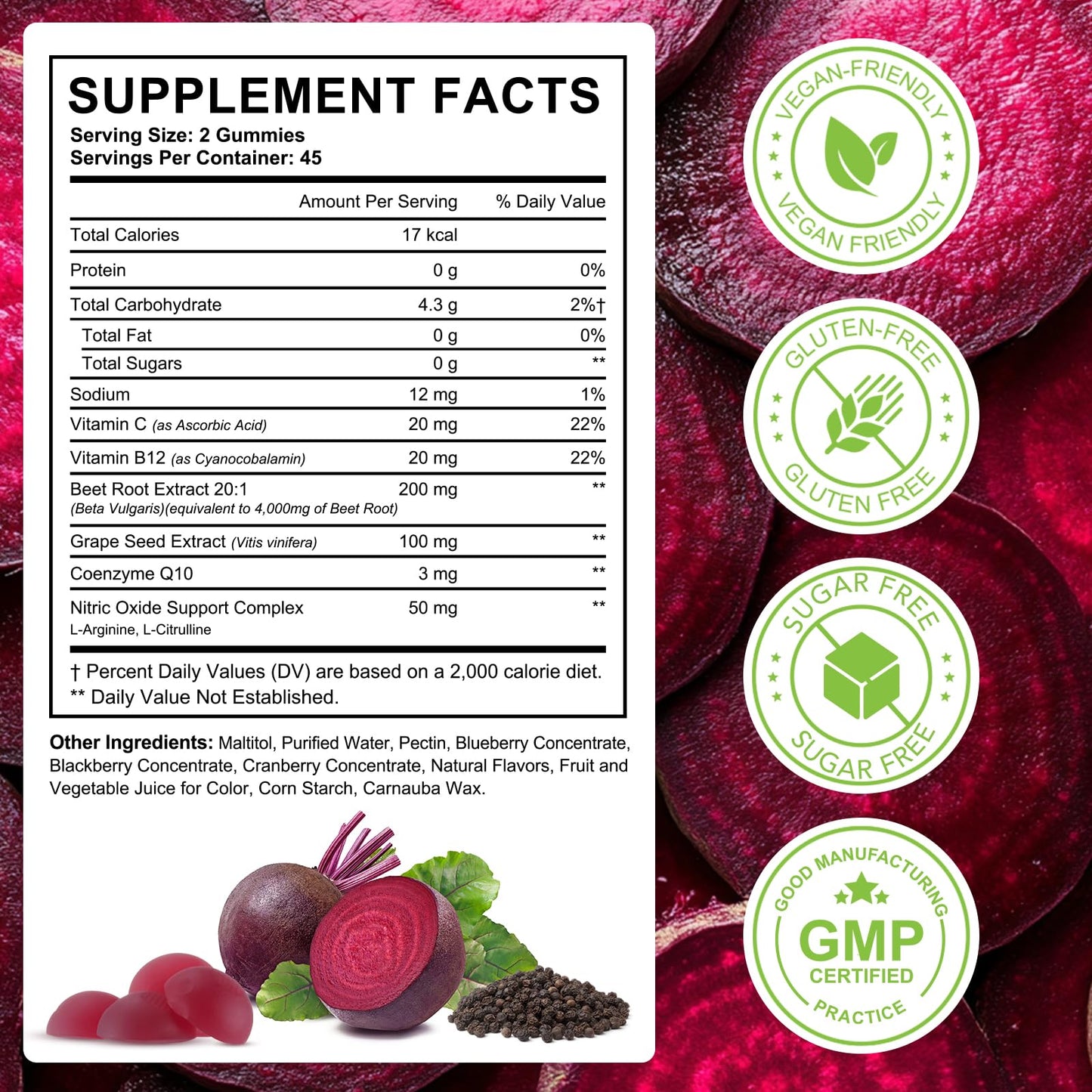 Beet Root Gummies Enriched with 200mg CoQ10 & Beet Root Extract for Blood Pressure, Heart Health Support, Energy Level Suport, Promoting Nitric Oxide - Maple Wellness Supplements