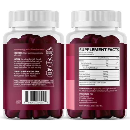 Beet Root Gummies with COQ10 & Pomegranate - Nitric Oxide Supplement for Men and Women - Beetroot for Endurance, Performance, Recovery - Vegan, Non-GMO, Gluten Free - Maple Wellness Supplements