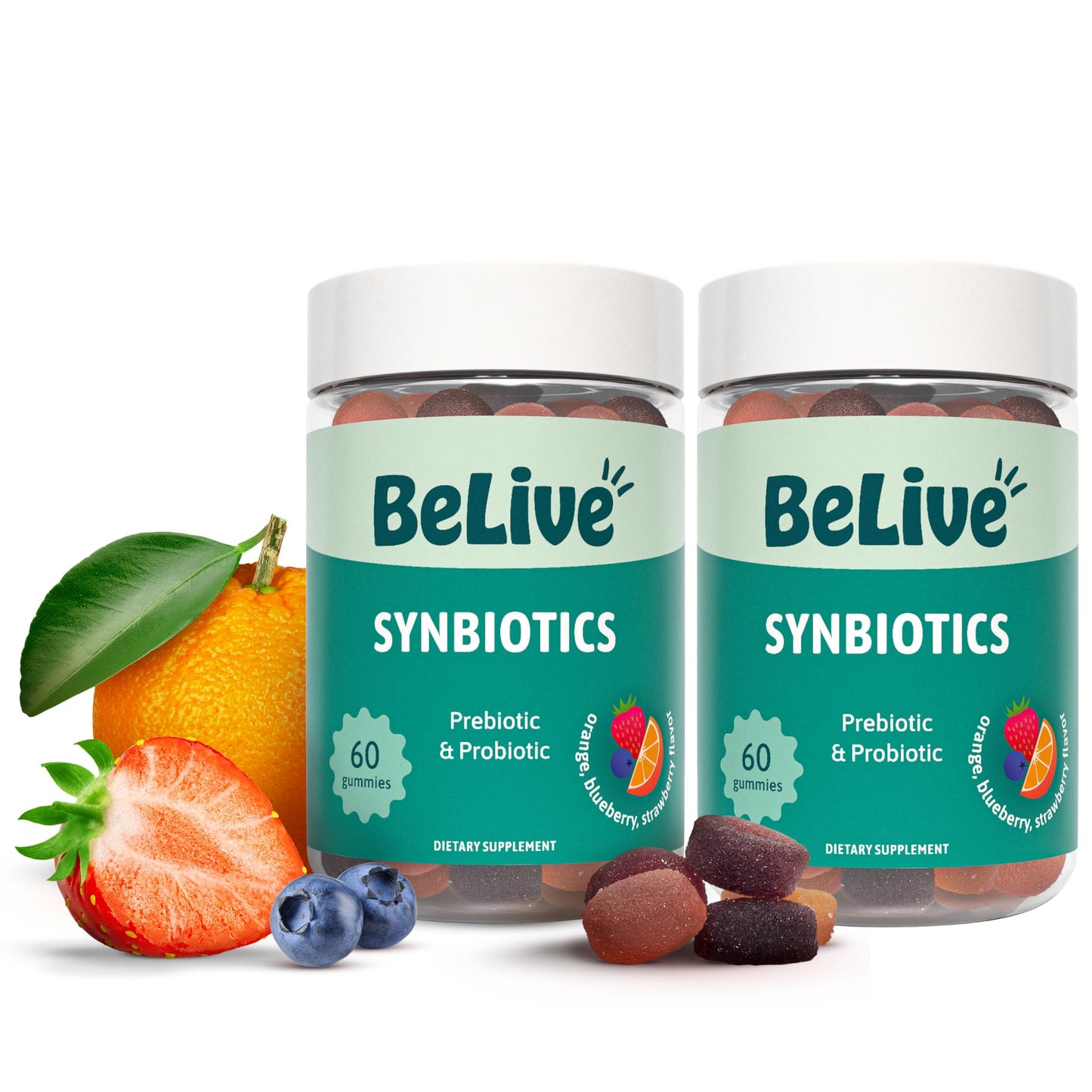 BeLive Synbiotics - Probiotic & Prebiotic Fiber Gummies – High Strength Inulin (3g), Dietary Fiber Supplement, Digestive Support for Kids & Adults - Strawberry, Orange, - Maple Wellness Supplements