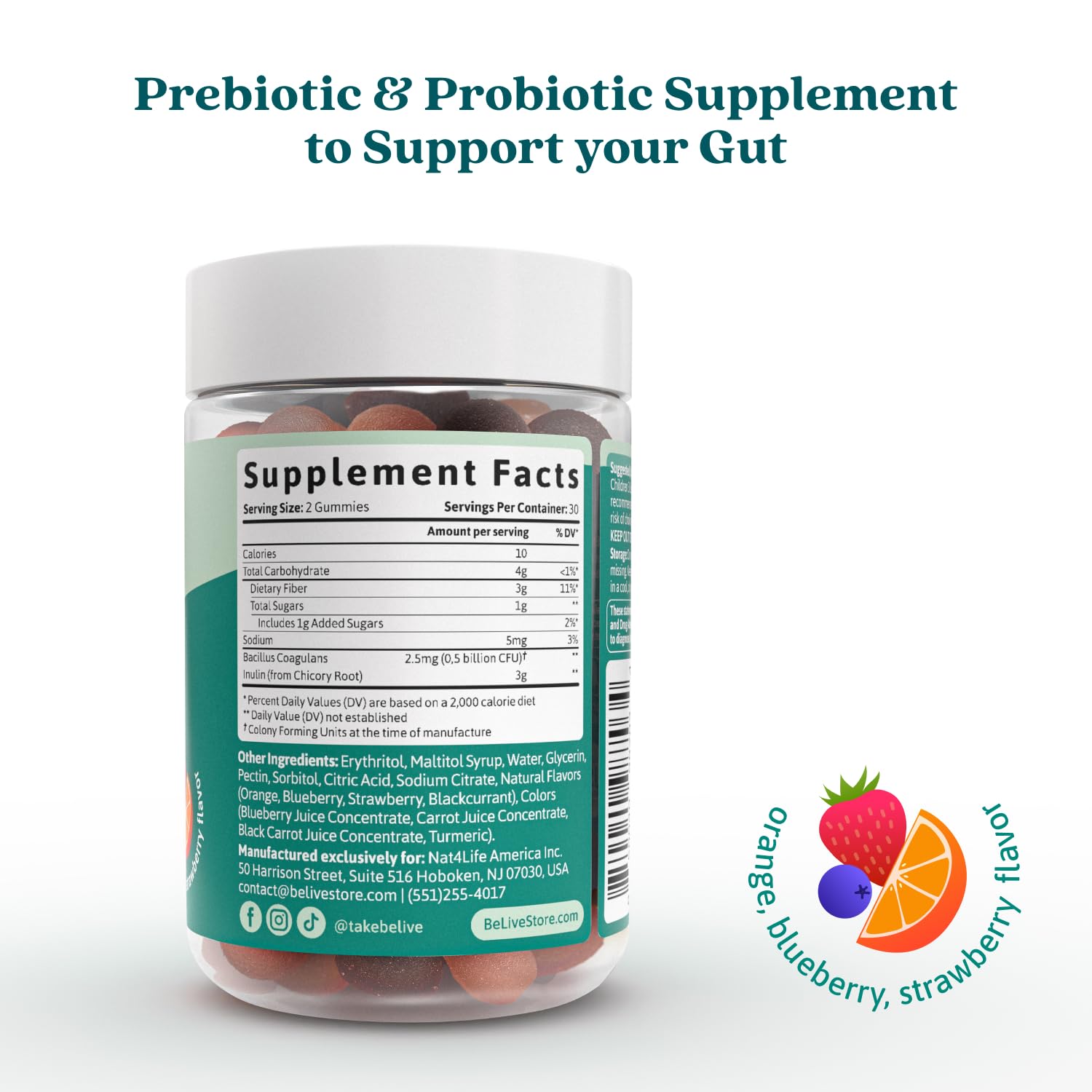 BeLive Synbiotics - Probiotic & Prebiotic Fiber Gummies – High Strength Inulin (3g), Dietary Fiber Supplement, Digestive Support for Kids & Adults - Strawberry, Orange, - Maple Wellness Supplements