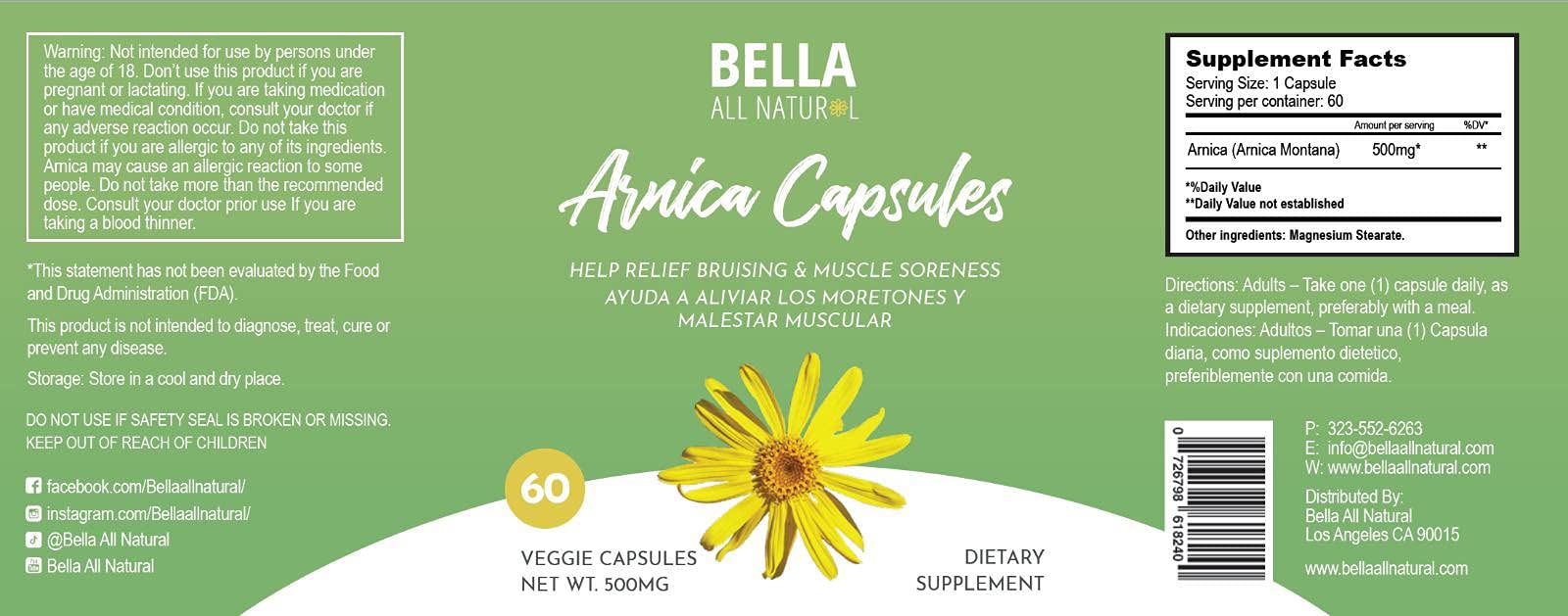 Bella All Natural Arnica Capsules 500 mg, 60 Count - Maple Wellness Supplements