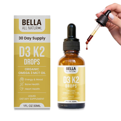 Bella All Natural Vitamin D3 K2 Liquid Drops 5000 IU (Unflavored) - Omega 3 with MCT Oil - Maple Wellness Supplements