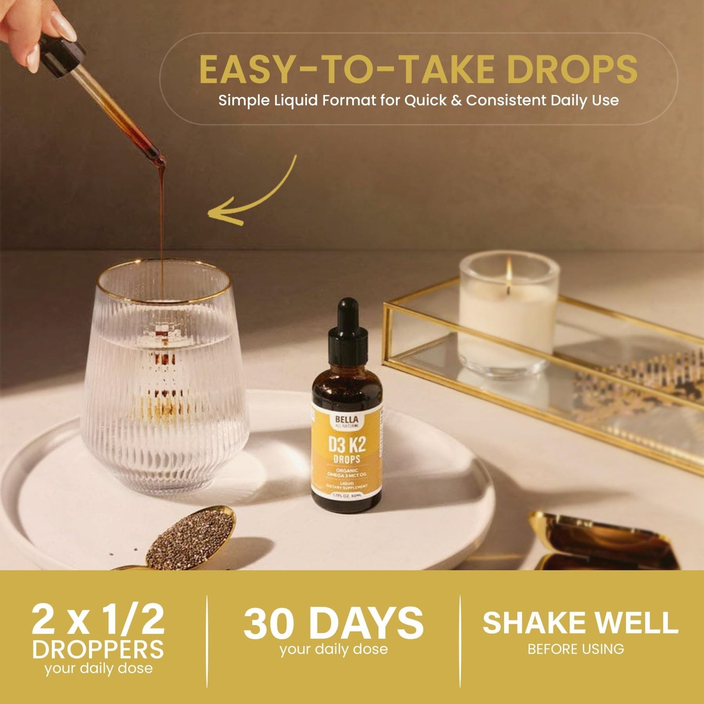 Bella All Natural Vitamin D3 K2 Liquid Drops 5000 IU (Unflavored) - Omega 3 with MCT Oil - Maple Wellness Supplements