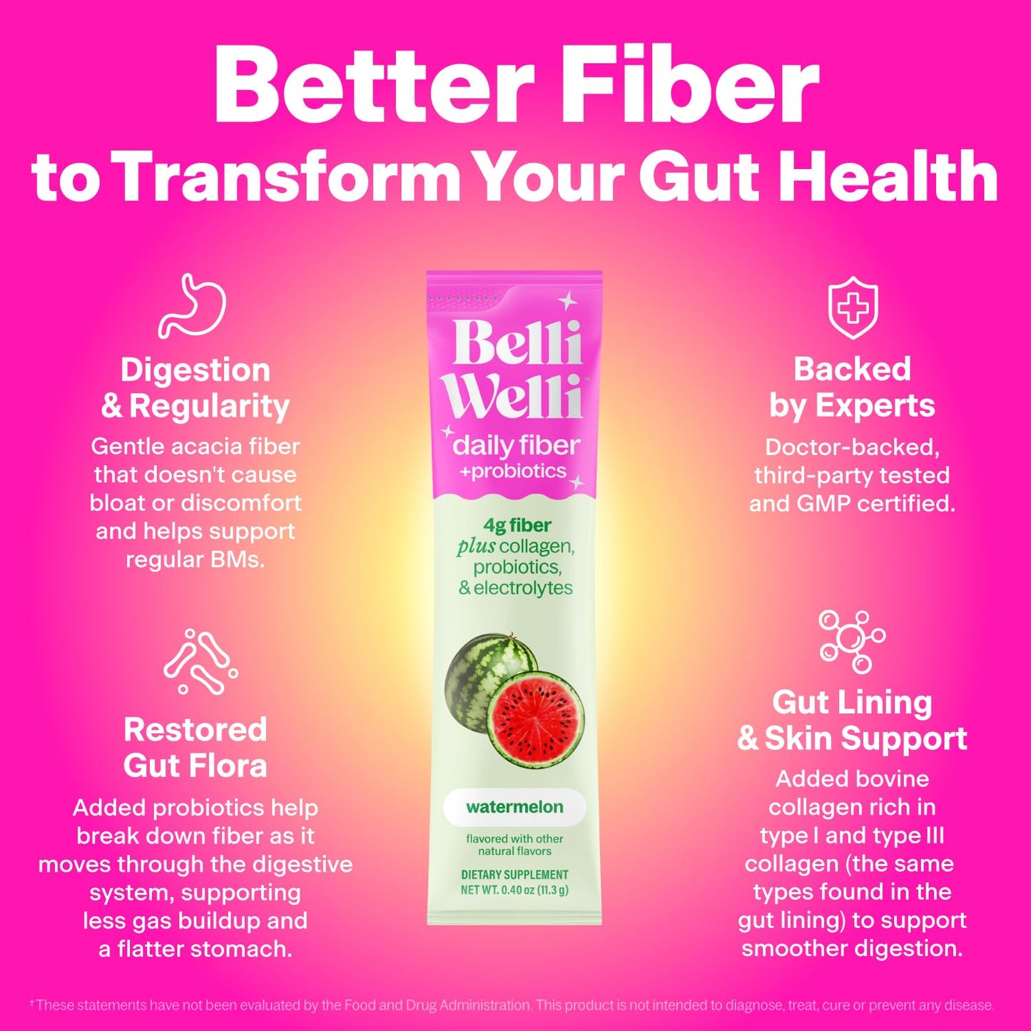Belli Welli Daily Fiber Supplement Packets with Collagen, Probiotics & Electrolytes | Single Serve Packets for Gut Health - Maple Wellness Supplements