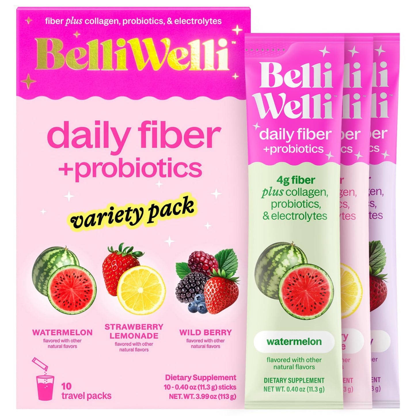 Belli Welli Daily Fiber Supplement Packets with Collagen, Probiotics & Electrolytes | Single Serve Packets for Gut Health - Maple Wellness Supplements