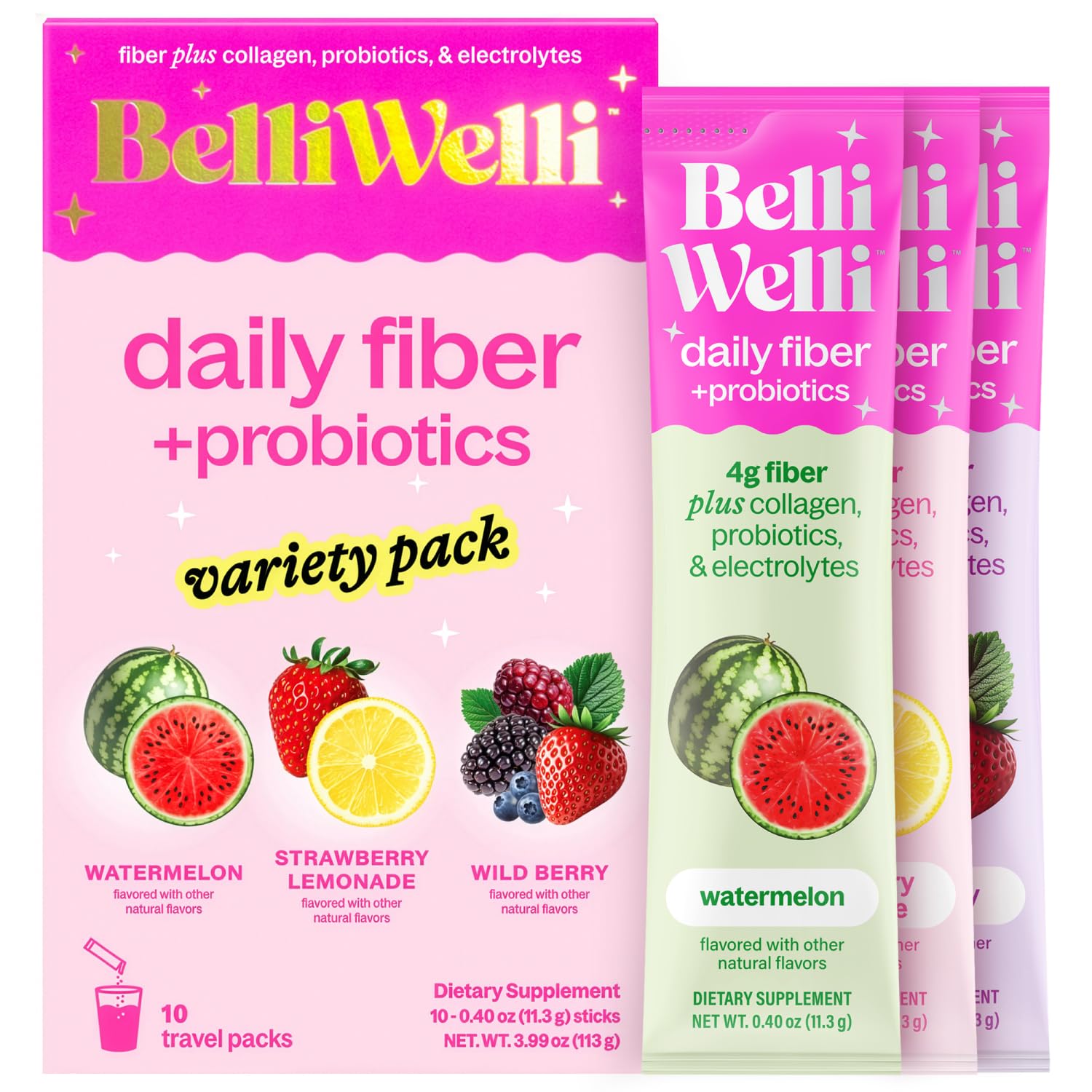 Belli Welli Daily Fiber Supplement Packets with Collagen, Probiotics & Electrolytes | Single Serve Packets for Gut Health - Maple Wellness Supplements
