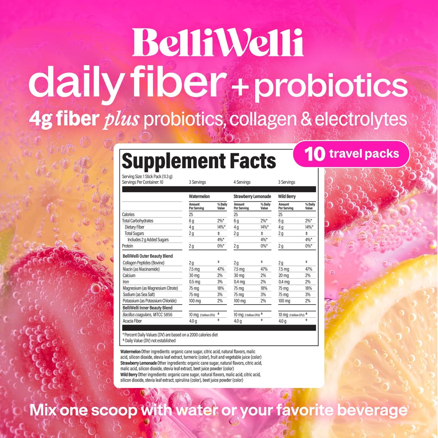 Belli Welli Daily Fiber Supplement Packets with Collagen, Probiotics & Electrolytes | Single Serve Packets for Gut Health - Maple Wellness Supplements