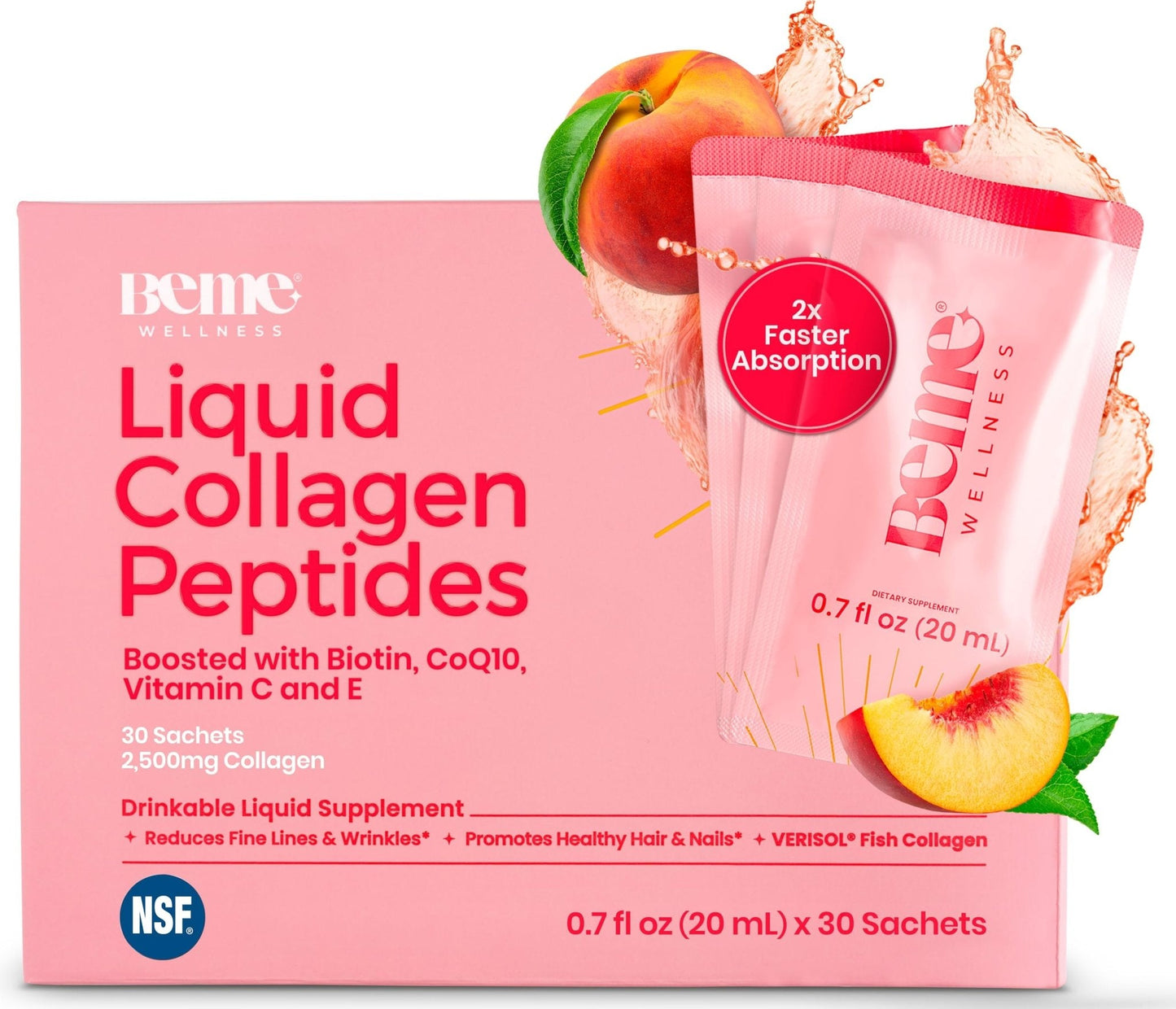 BeMe Liquid Collagen for Women - 2500mg Verisol Collagen Liquid with Biotin, CoQ10 & Vitamin C - Clinically Proven Collagen Peptides for Hair, Skin & Nails - 30 Peach Sachets - Maple Wellness Supplements